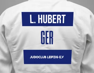 Judo GI with a backnumber showing the name Leon Hubert from Judoclub Leipzig e.V