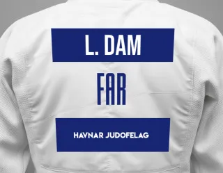 Judo GI with a backnumber showing the name Leon Kristian D. Dam from Havnar Judofelag