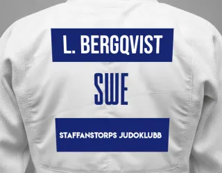 Judo GI with a backnumber showing the name Leon Nilsson Bergqvist from Staffanstorps Judoklubb