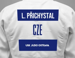 Judo GI with a backnumber showing the name Leon Přichystal from USK JUDO Ostrava