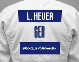Judo GI with a backnumber showing the name Leonard Heuer from Budo Club Vorpommern