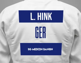 Judo GI with a backnumber showing the name Leonard Hink from SG Medizin Bansin