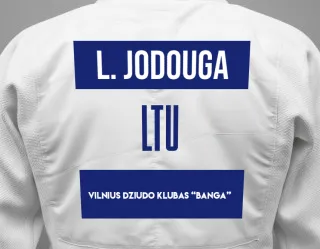 Judo GI with a backnumber showing the name Leonardas Jodouga from Vilnius Dziudo klubas “BANGA”
