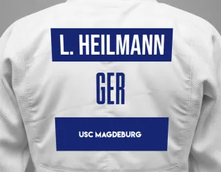 Judo GI with a backnumber showing the name Leonie Heilmann from USC Magdeburg