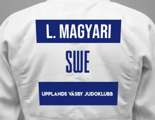 Judo GI with a backnumber showing the name Levi Magyari from Upplands Väsby Judoklubb