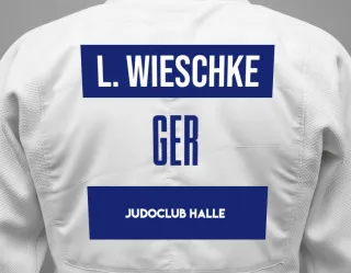 Judo GI with a backnumber showing the name Levin Wieschke from Judoclub Halle