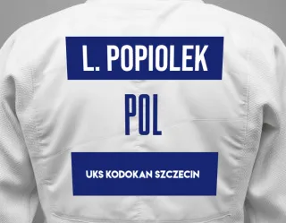 Judo GI with a backnumber showing the name Lew  Popiolek from UKS Kodokan Szczecin