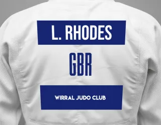 Judo GI with a backnumber showing the name Lewis Rhodes from Wirral Judo Club