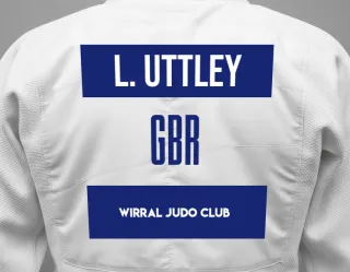 Judo GI with a backnumber showing the name Lewis Uttley from Wirral Judo Club