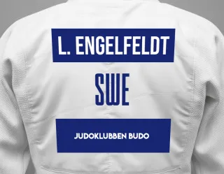 Judo GI with a backnumber showing the name Liam Engelfeldt from Judoklubben Budo