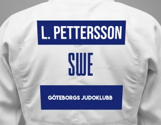 Judo GI with a backnumber showing the name Liam Pettersson from Göteborgs Judoklubb