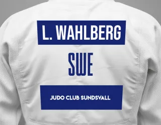 Judo GI with a backnumber showing the name Liam Wahlberg from Judo Club Sundsvall