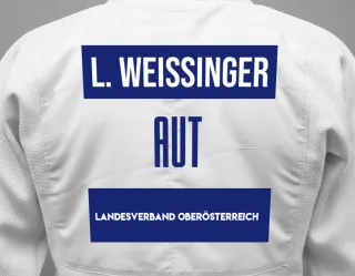 Judo GI with a backnumber showing the name Liam Weissinger from Landesverband Oberösterreich