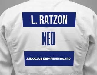 Judo GI with a backnumber showing the name Liav Ratzon from JudoClub Krimpenerwaard