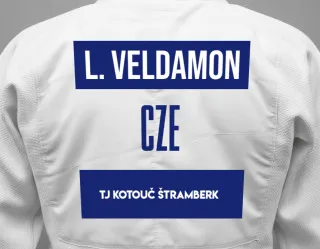 Judo GI with a backnumber showing the name Libor Veldamon from TJ Kotouč Štramberk