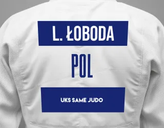 Judo GI with a backnumber showing the name Liliana łoboda from UKS Same Judo