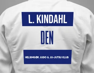 Judo GI with a backnumber showing the name Lilje Olivia Kindahl from Helsingør Judo & Ju-Jutsu Klub
