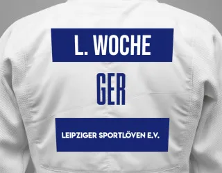 Judo GI with a backnumber showing the name Linda Woche from Leipziger Sportlöven e.V.