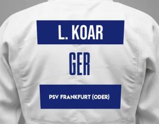 Judo GI with a backnumber showing the name Lindsay Koar from PSV Frankfurt (Oder)
