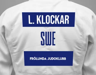 Judo GI with a backnumber showing the name Linn Klockar from Frölunda Judoklubb