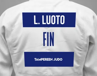 Judo GI with a backnumber showing the name Linus Luoto from Tampereen Judo