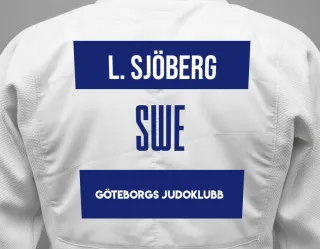 Judo GI with a backnumber showing the name Linus Sjöberg from Göteborgs Judoklubb