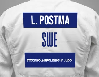 Judo GI with a backnumber showing the name Lise Postma from Stockholmspolisens IF Judo