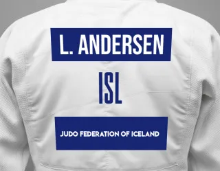 Judo GI with a backnumber showing the name Logi Andersen from Judo Federation Of Iceland