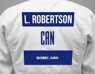 Judo GI with a backnumber showing the name Loika Robertson from Quebec Judo