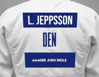 Judo GI with a backnumber showing the name Loke Jeppsson from Amager Judo Skole