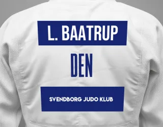 Judo GI with a backnumber showing the name Louie Moodie Baatrup from Svendborg Judo Klub