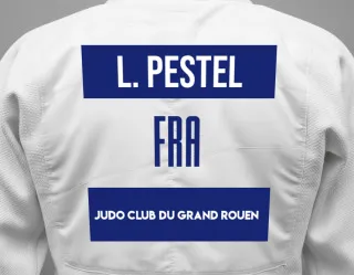 Judo GI with a backnumber showing the name Louis Pestel from Judo Club du Grand Rouen