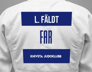 Judo GI with a backnumber showing the name Lova Fäldt from Knivsta Judoklubb