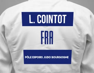 Judo GI with a backnumber showing the name Luca Cointot from Pôle Espoirs Judo Bourgogne