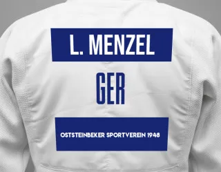 Judo GI with a backnumber showing the name Luca Menzel from Oststeinbeker Sportverein 1948