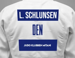 Judo GI with a backnumber showing the name Luca Schlunsen from Judo Klubben Mitani