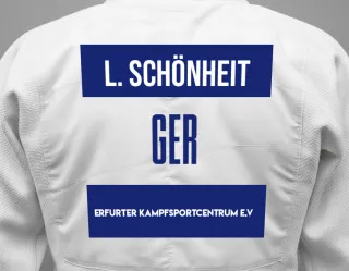 Judo GI with a backnumber showing the name Luca Schönheit from Erfurter Kampfsportcentrum e.V