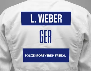 Judo GI with a backnumber showing the name Luca Weber from Polizeisportverein Freital