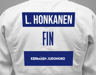 Judo GI with a backnumber showing the name Lucas Honkanen from Kerimäen Judonoko