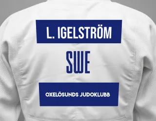 Judo GI with a backnumber showing the name Lucas Igelström from Oxelösunds Judoklubb