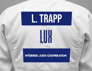 Judo GI with a backnumber showing the name Lucas Trapp from Interreg Judo Cooperation