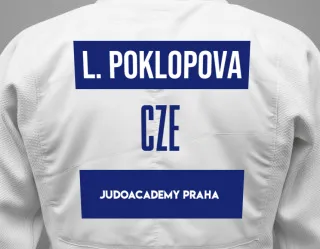 Judo GI with a backnumber showing the name Lucie POKLOPOVA from JUDOACADEMY PRAHA