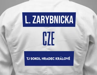 Judo GI with a backnumber showing the name Lucie Zarybnicka from TJ Sokol Hradec Králové