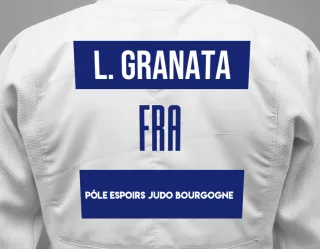 Judo GI with a backnumber showing the name Lucinda Granata from Pôle Espoirs Judo Bourgogne