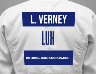 Judo GI with a backnumber showing the name Lucy Verney from Interreg Judo Cooperation