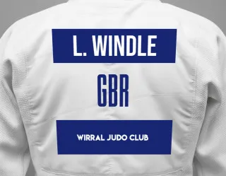 Judo GI with a backnumber showing the name Lucy Windle from Wirral Judo Club