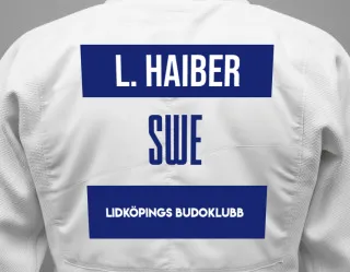 Judo GI with a backnumber showing the name Ludvig Haiber from Lidköpings Budoklubb