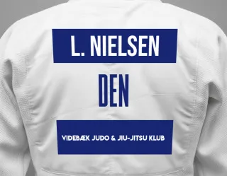 Judo GI with a backnumber showing the name Ludvig Nielsen from Videbæk Judo & Jiu-Jitsu Klub