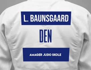 Judo GI with a backnumber showing the name Lui Søby Baunsgaard from Amager Judo Skole