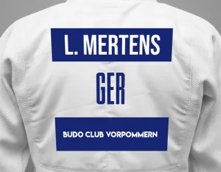 Judo GI with a backnumber showing the name Lukas  Mertens from Budo Club Vorpommern